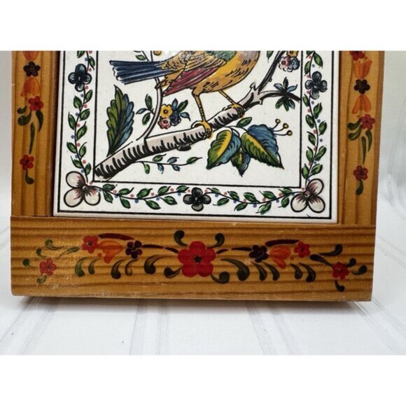 Colorful Floral Bird Ceramic Tile Wood Cutting Board, Hanging Hand Painted Trim! - Picture 6 of 8